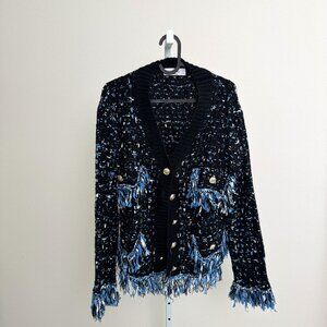 Chic Tweed Fringe Cardigan – Black & Blue, Size M